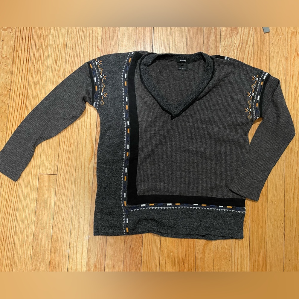 Miss Me Grey V-Neck Sweater with Embroidered Detail - Size S